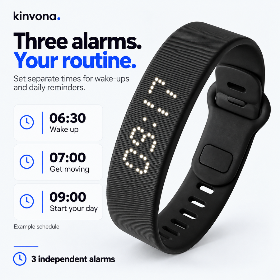 Kinvona Rise three independent alarms with an example daily schedule