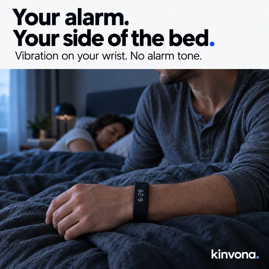 Kinvona Rise worn in a shared bedroom: vibration on your wrist with no alarm tone